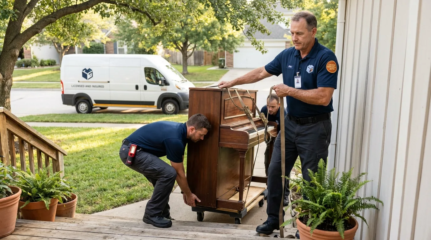 Licensed piano movers securing grand piano in Colchester, VT