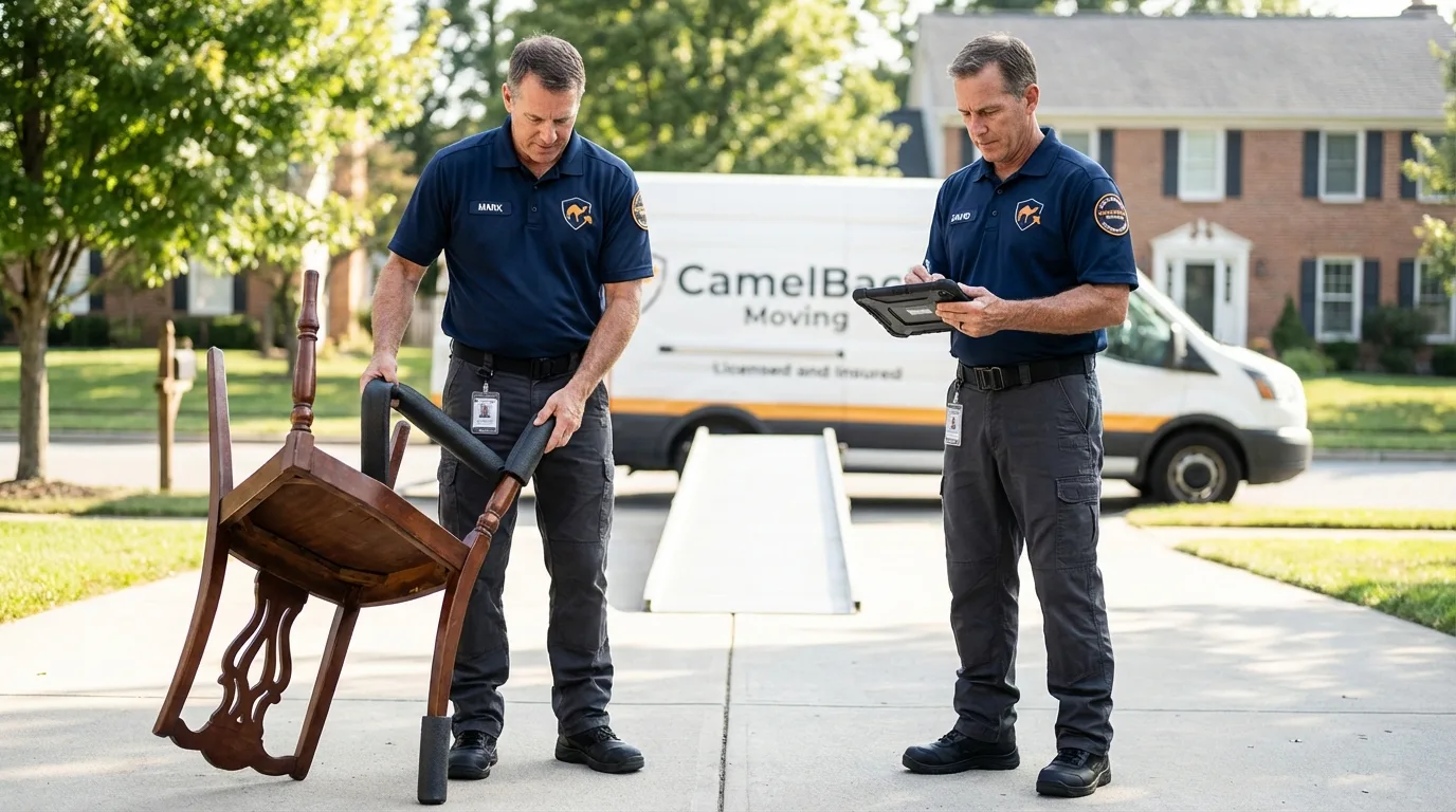 Movers inspecting furniture for damage prevention before loading in Colchester, VT