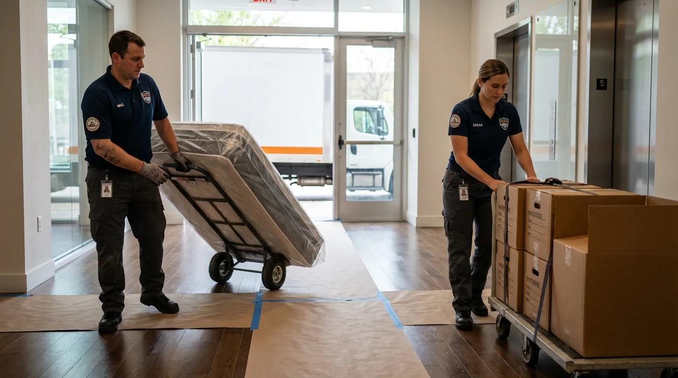 Professional apartment movers loading elevator in Colchester, VT