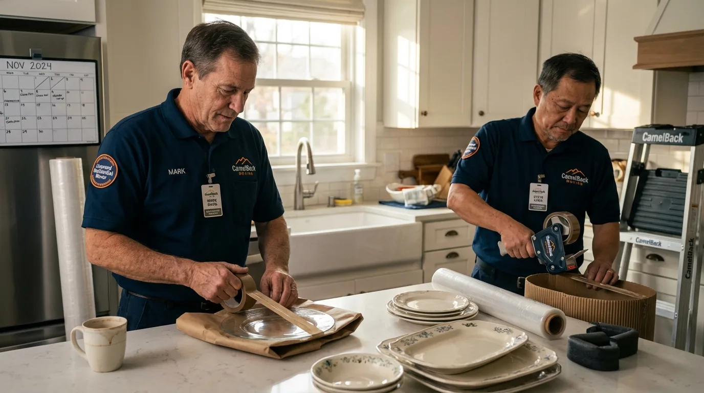 Professional crew packing kitchen dishware in Colchester, VT